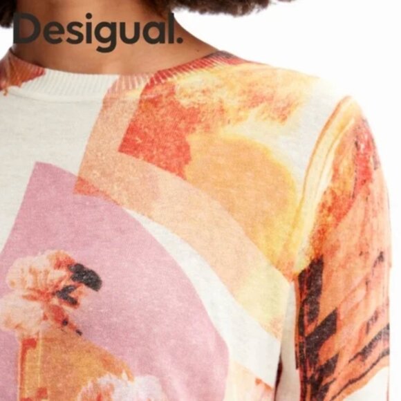 DESIGUAL Long-Sleeve Pullover•Fine Gauge Knit•Linen Blend•Floral Collage•Medium• - Picture 4 of 8